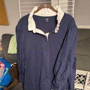 Crown & Ivy Navy Top with White Ruffle Collar